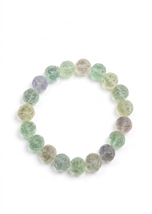 Carved Fluorite Bracelet – Natural Crystal Bracelet (10mm Engraved Beads)